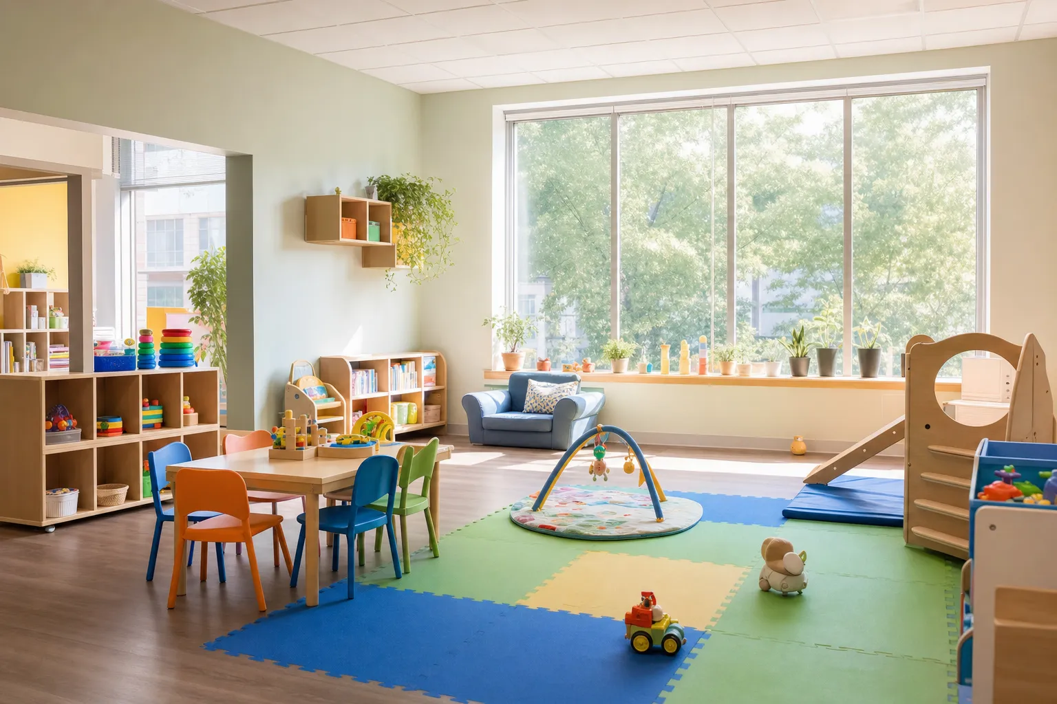 Bright and clean play area at Tiny Treasures home daycare