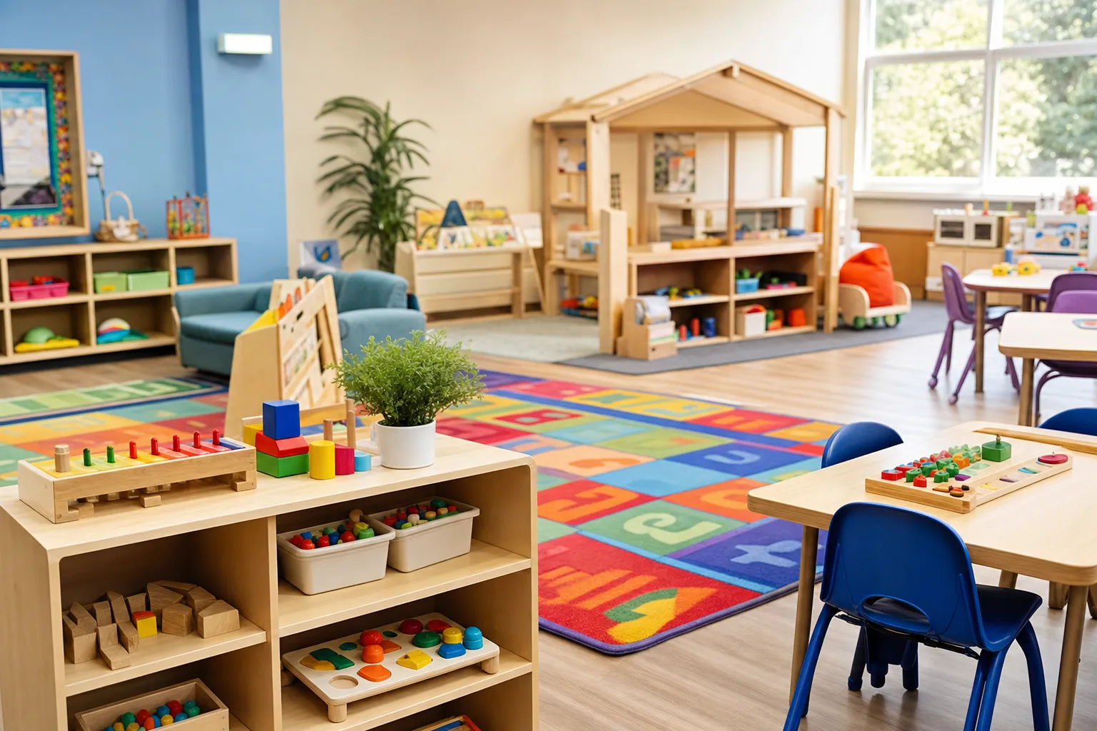 Spacious playroom with natural light and age-appropriate toys