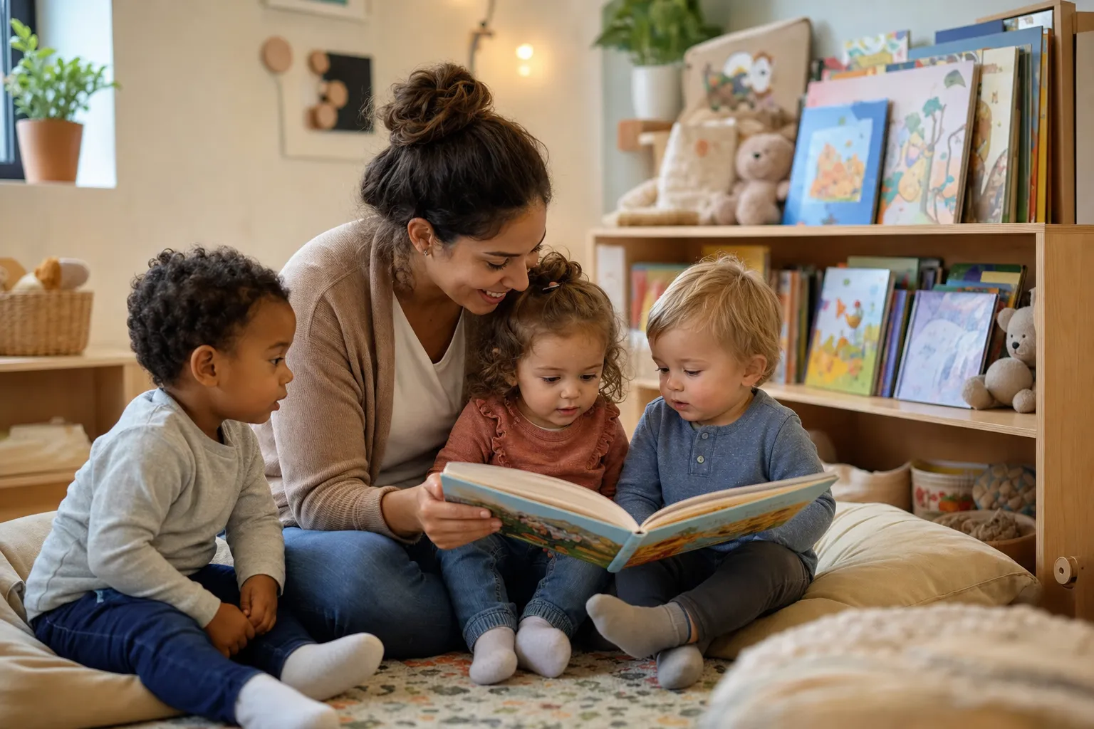 Cozy reading corner with children's books and soft seating